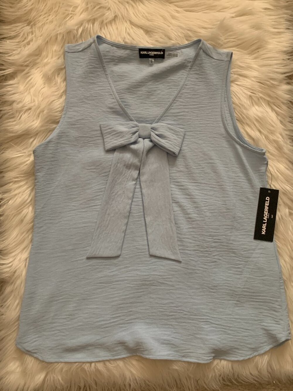 KARL LAGERFELD Bow V-Neck Crepe Blouse Tank in Baby Blue Sz MEDIUM